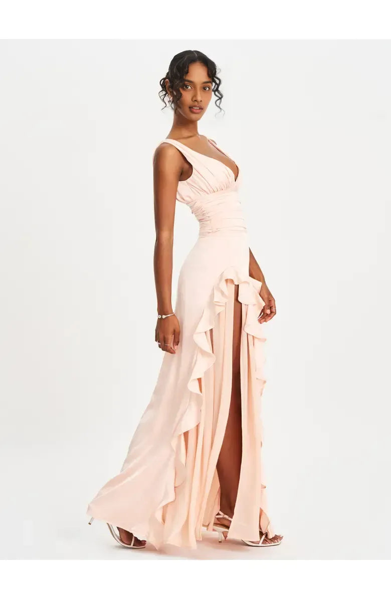 Sexy A-Line V Neck Sleeveless Backless Floor-Length Prom Dress