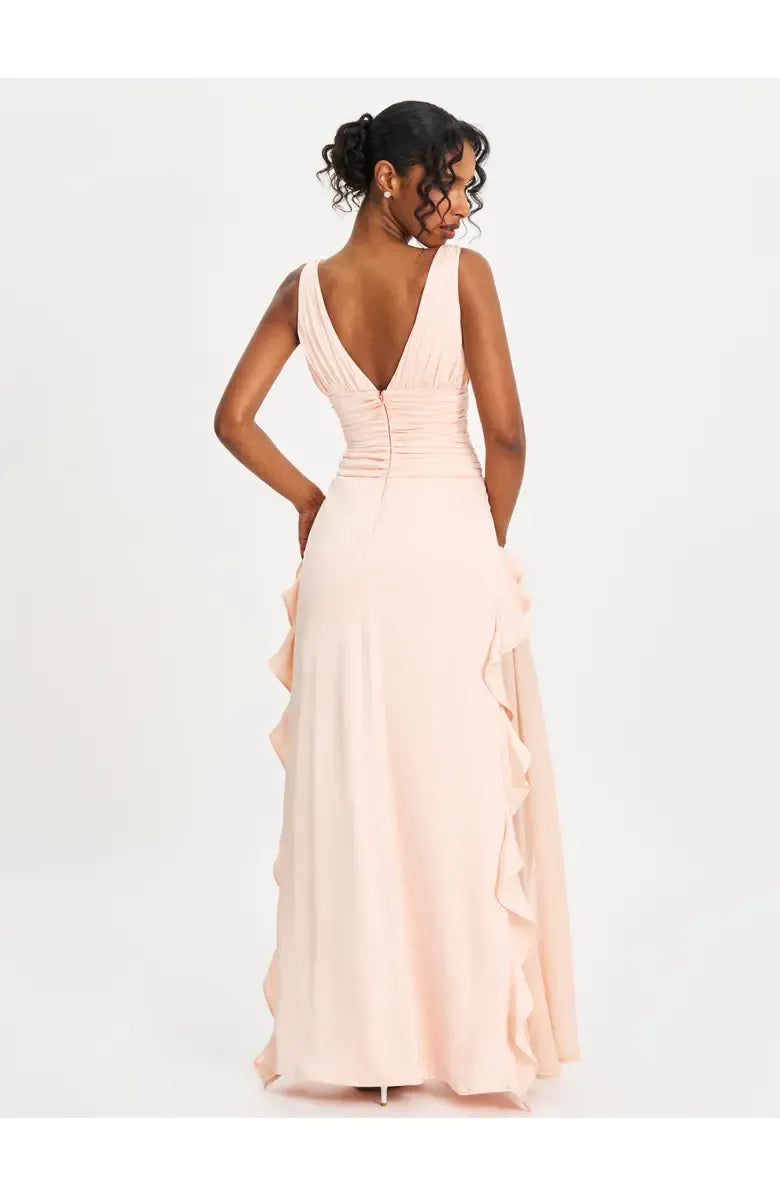 Sexy A-Line V Neck Sleeveless Backless Floor-Length Prom Dress
