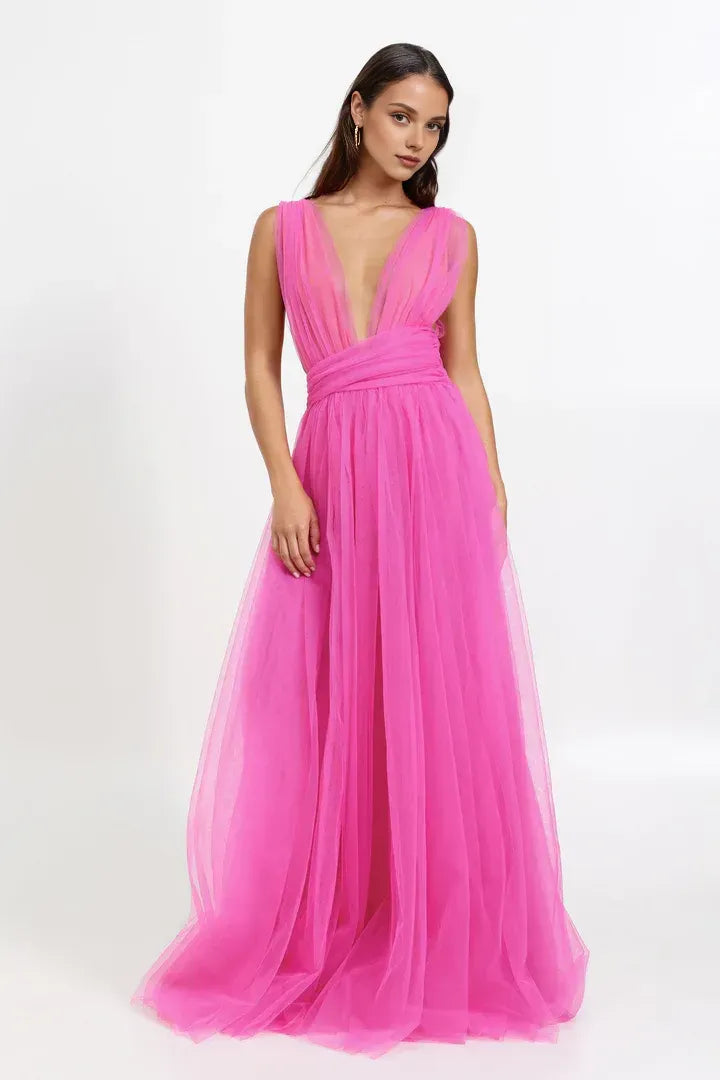 Sexy A-Line V Neck Sleeveless Tulle Floor-Length Prom Dress