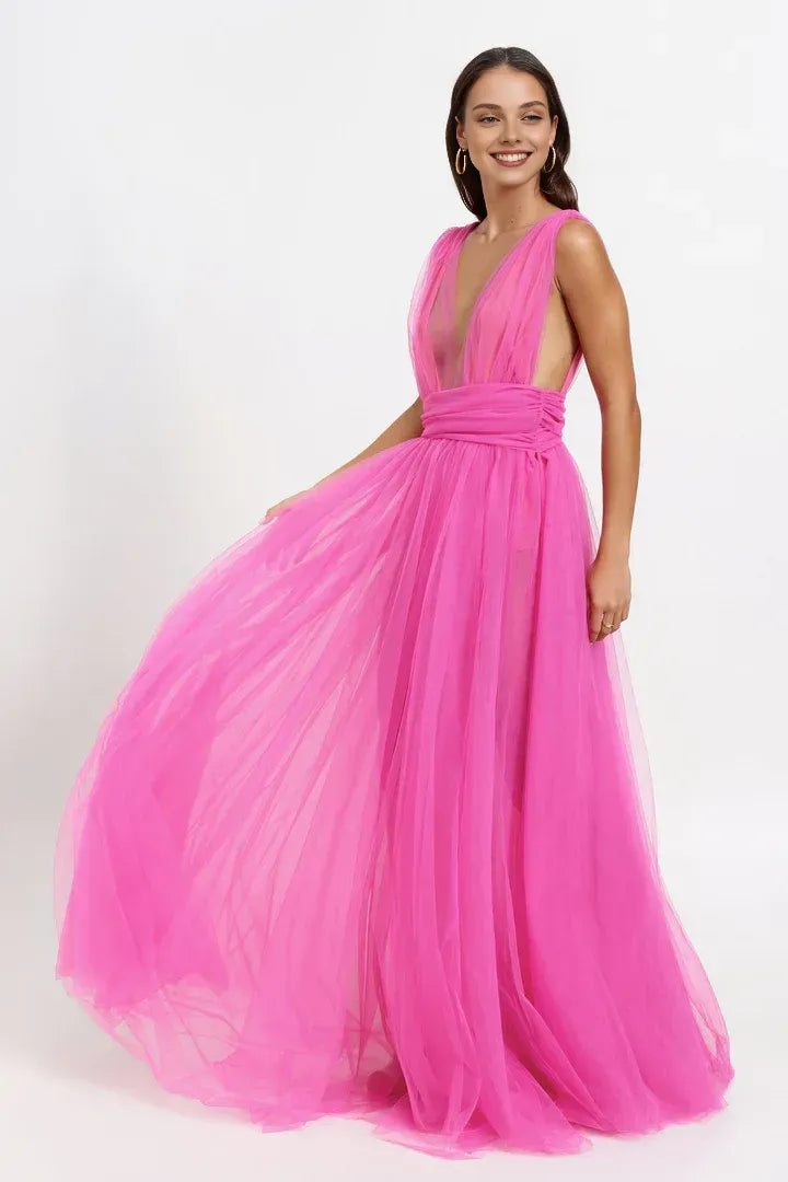 Sexy A-Line V Neck Sleeveless Tulle Floor-Length Prom Dress