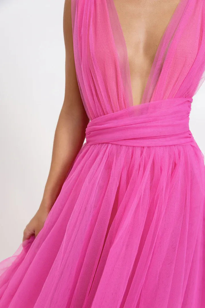 Sexy A-Line V Neck Sleeveless Tulle Floor-Length Prom Dress
