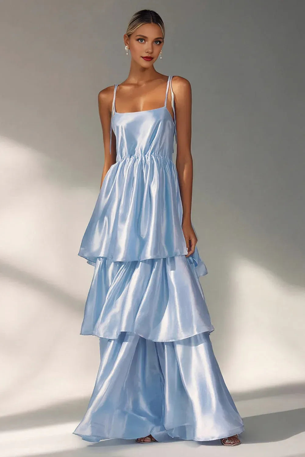 Sexy A Line Spaghetti Straps Sleeveless Tiered Satin Floor-Length Prom Dress