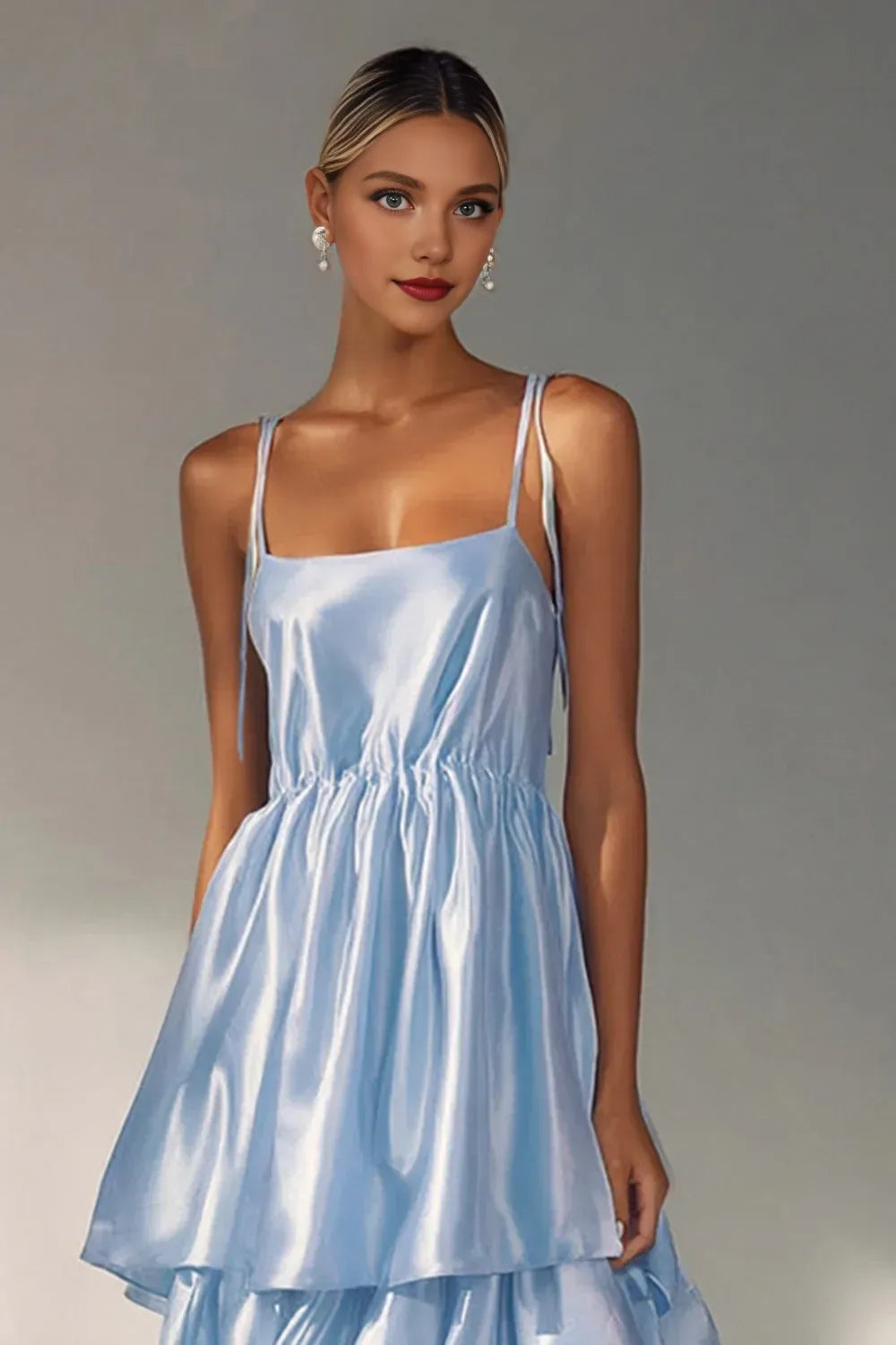 Sexy A Line Spaghetti Straps Sleeveless Tiered Satin Floor-Length Prom Dress