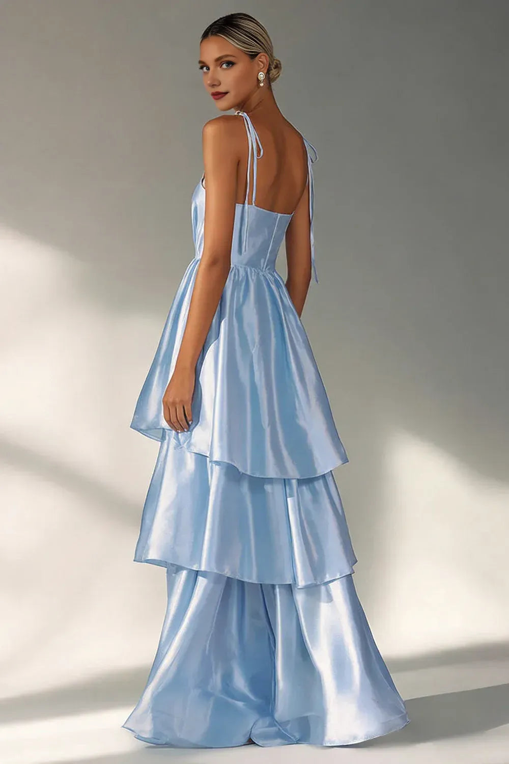Sexy A Line Spaghetti Straps Sleeveless Tiered Satin Floor-Length Prom Dress