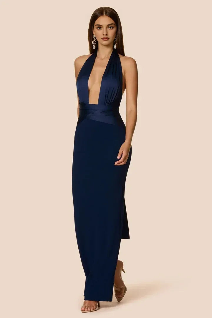Sexy Bodycon Halter V Neck Sleeveless Backless Floor-Length Prom Dress