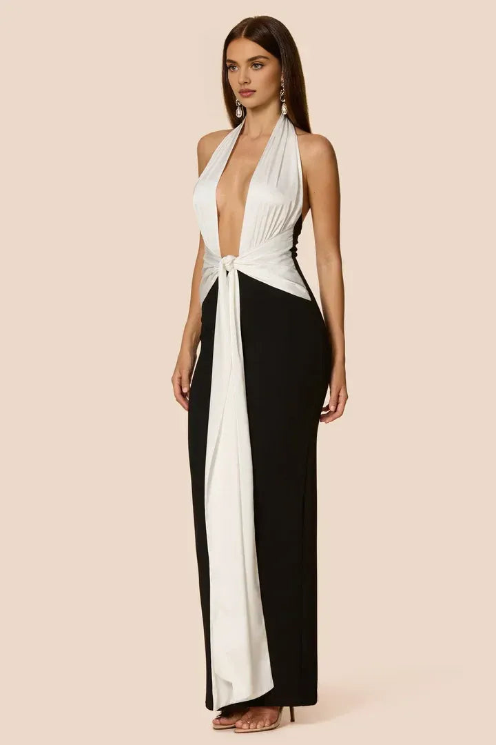 Sexy Tight Halter V Neck Sleeveless Backless Floor-Length Prom Dress