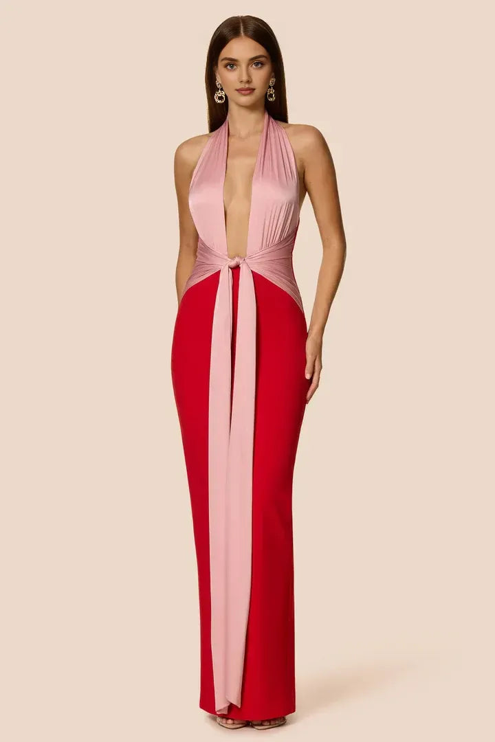 Sexy Tight Halter V Neck Sleeveless Backless Floor-Length Prom Dress