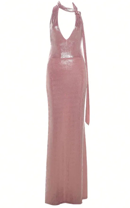 Sexy Deep V Halter Sleeveless Fitted Satin Bow Long Prom Dress