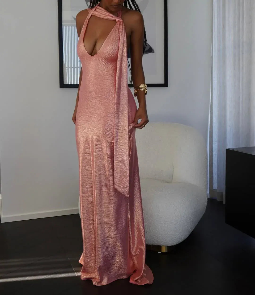 Sexy Deep V Halter Sleeveless Fitted Satin Bow Long Prom Dress
