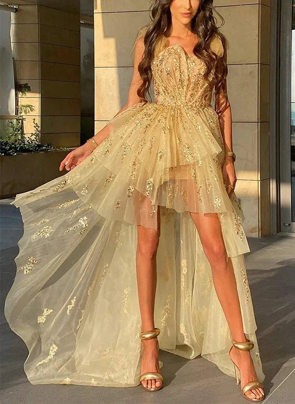 Sexy Deep V Neck Sleeveless A-Line Sequins Tulle Long Prom Dress