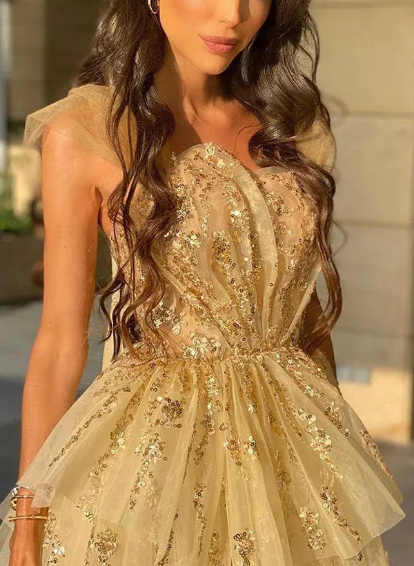 Sexy Deep V Neck Sleeveless A-Line Sequins Tulle Long Prom Dress
