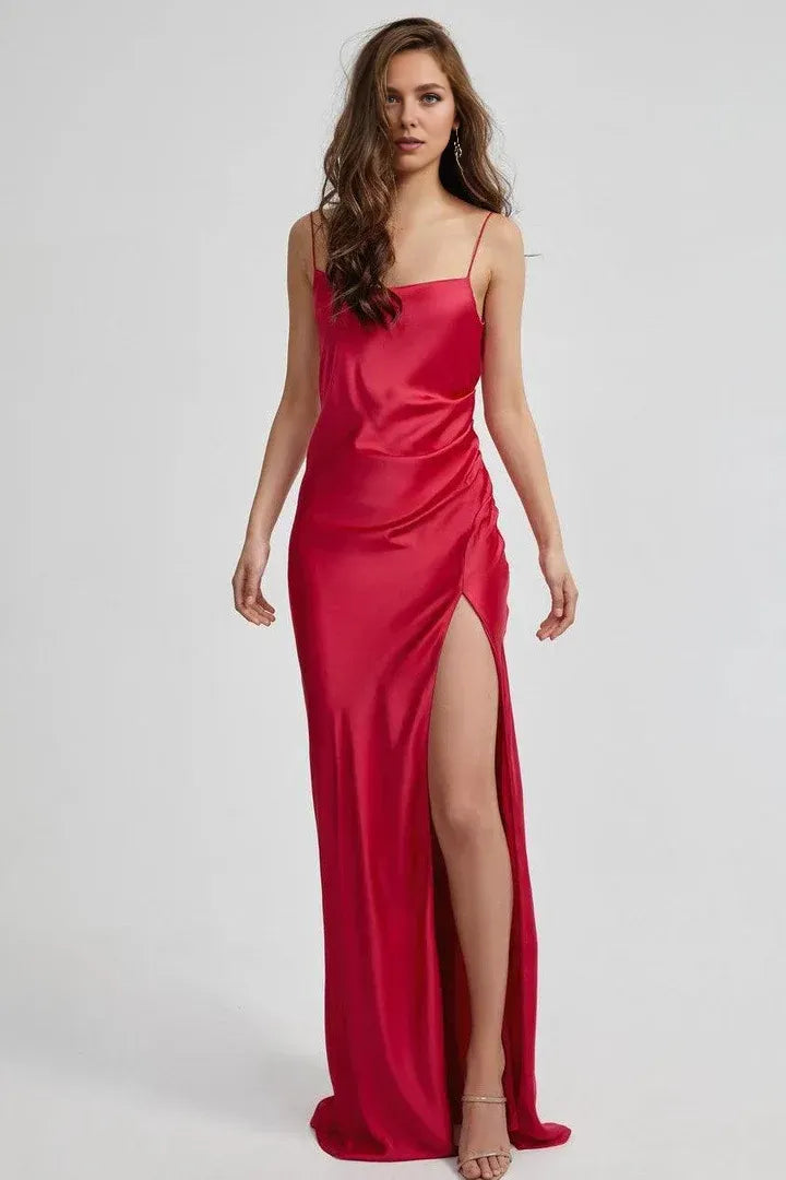 Sexy Fitted Spaghetti Straps Sleeveless Satin Floor-Length Prom Dress