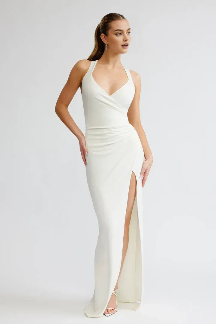 Sexy Fitted V Neck Sleeveless Backless Floor-Length Prom Dress