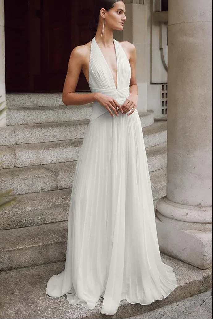 Sexy Halter V-Neck Sleeveless A-Line Chiffon Pleated Long Wedding Dress