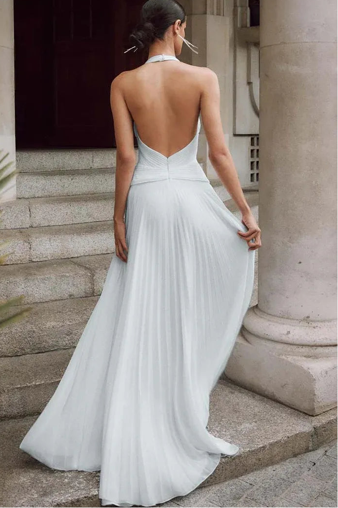 Sexy Halter V-Neck Sleeveless A-Line Chiffon Pleated Long Wedding Dress