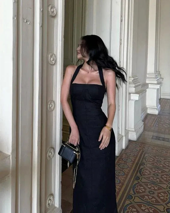 Vestidos de fiesta sexys de sirena con cuello halter, sin mangas, con abertura en el tobillo, negros 