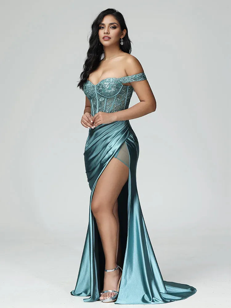 Sexy Mermaid Off The Shoulder Sleeveless Zipper Back Sweep Train Prom Dress