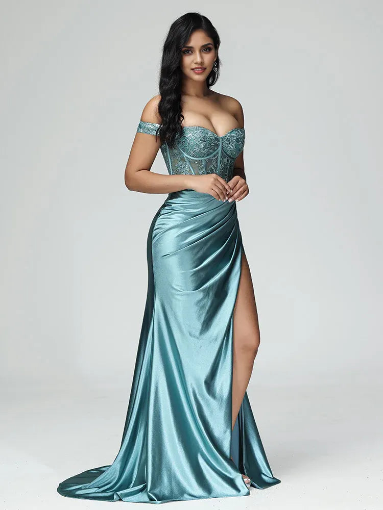 Sexy Mermaid Off The Shoulder Sleeveless Zipper Back Sweep Train Prom Dress