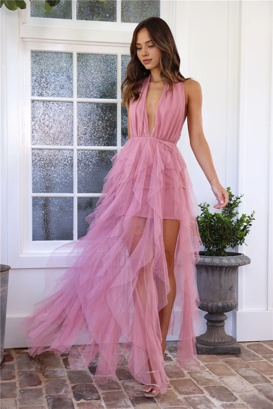 Sexy Off Shoulder Deep V Neck Ruffle A-line Sleeveless Backless Prom Party Dress