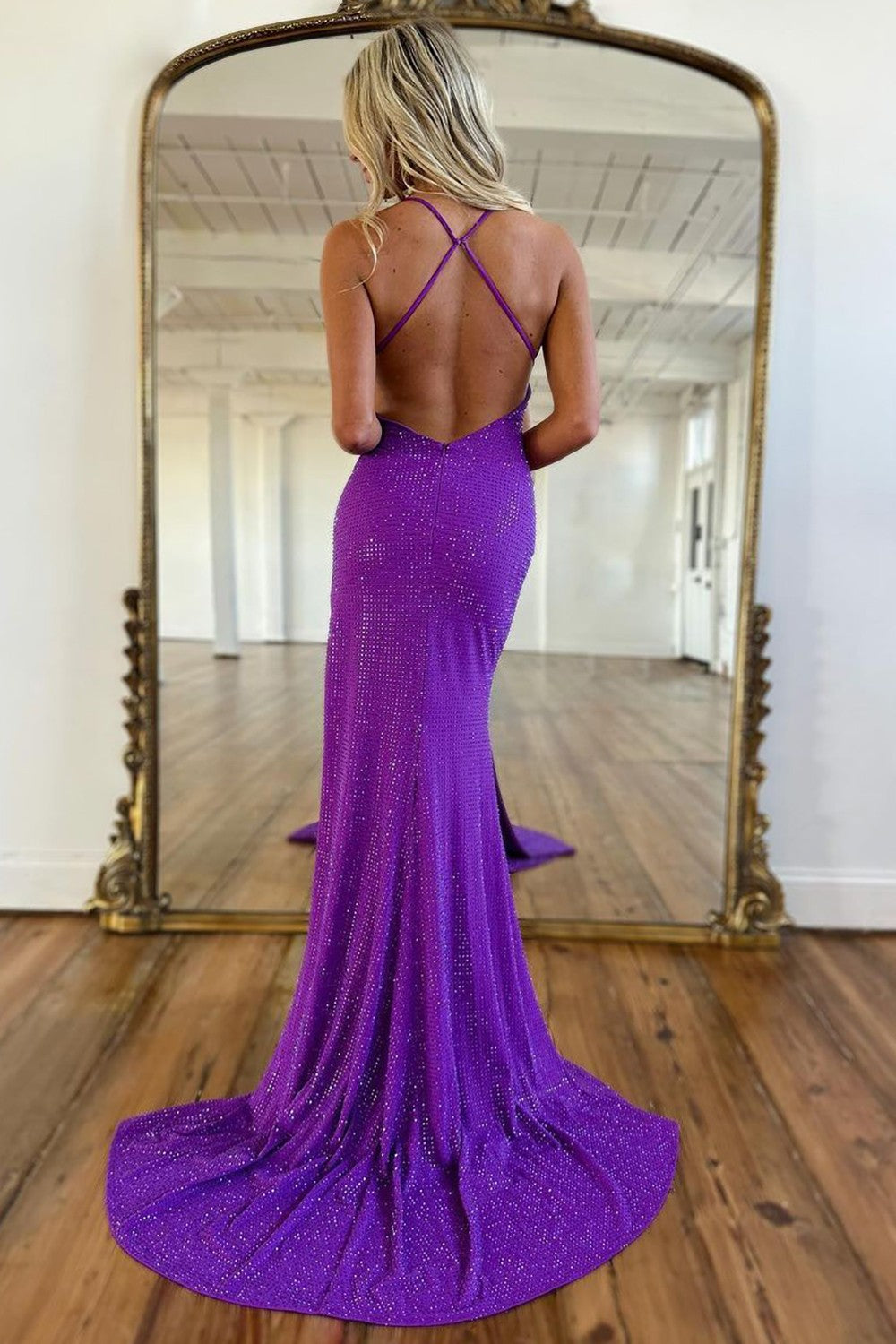 Weitese Sexy Purple Deep V-Neck Cross Back Glitter Corset Prom Dress with Split
