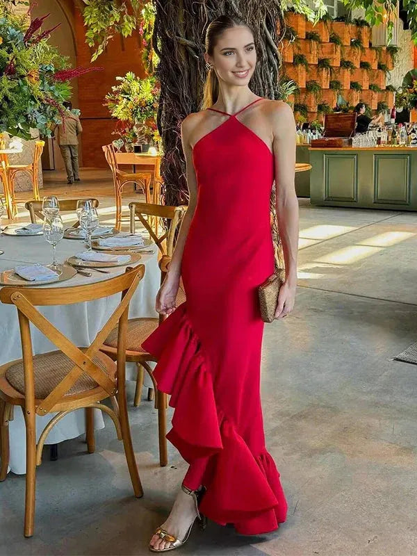 Weitese Dress Prom Dress Stores Sexy Red Halter Backless Ruffles Evening Party Dress Formal Dresses
