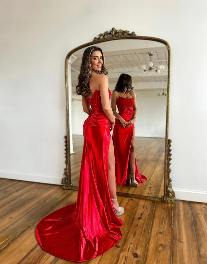 Off-the-Shoulder Sexy Strapless Long Prom Dress With Hight Split