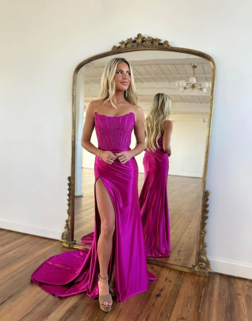 Off-the-Shoulder Sexy Strapless Train Long Prom Dress With Split