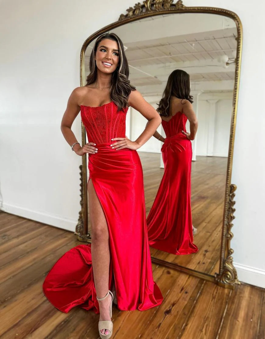 Off-the-Shoulder Sexy Strapless Long Prom Dress With Hight Split