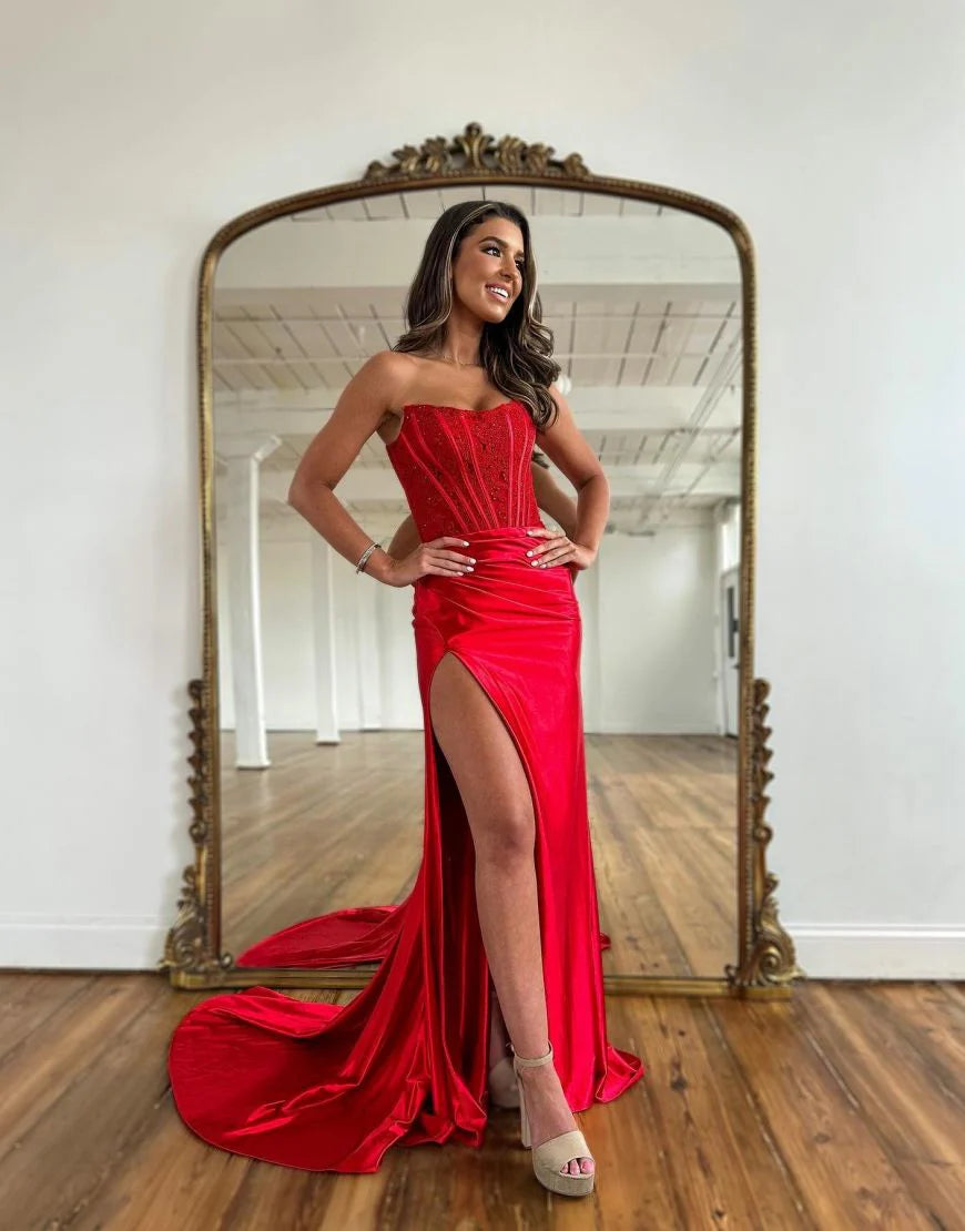 Off-the-Shoulder Sexy Strapless Long Prom Dress With Hight Split