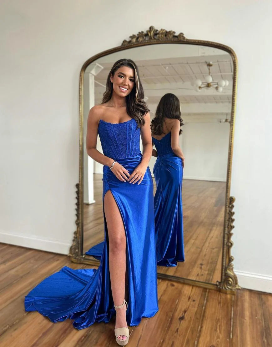 Off-the-Shoulder Sexy Strapless Train Long Prom Dress With Split