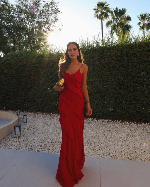 Sexy Sheath Backless Spaghetti Straps Red Long Chiffon Prom Dress