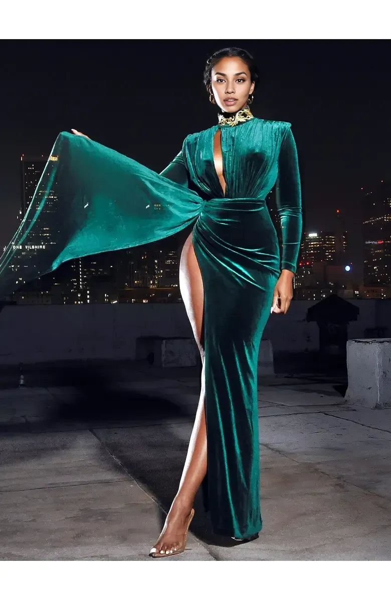 Sexy Sheath Plunging V Neck Long Sleeve Velvet Floor-Length Prom Dress
