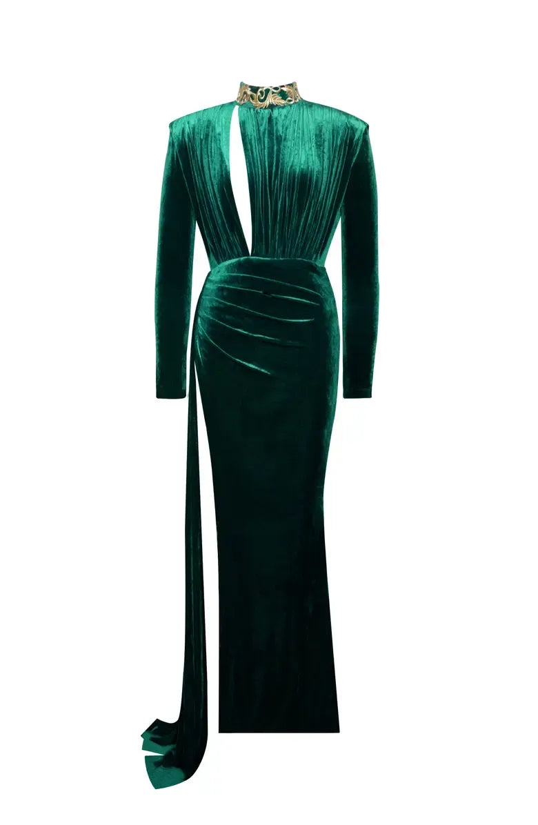 Sexy Sheath Plunging V Neck Long Sleeve Velvet Floor-Length Prom Dress