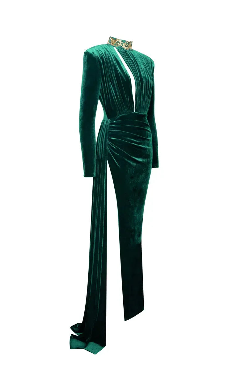 Sexy Sheath Plunging V Neck Long Sleeve Velvet Floor-Length Prom Dress