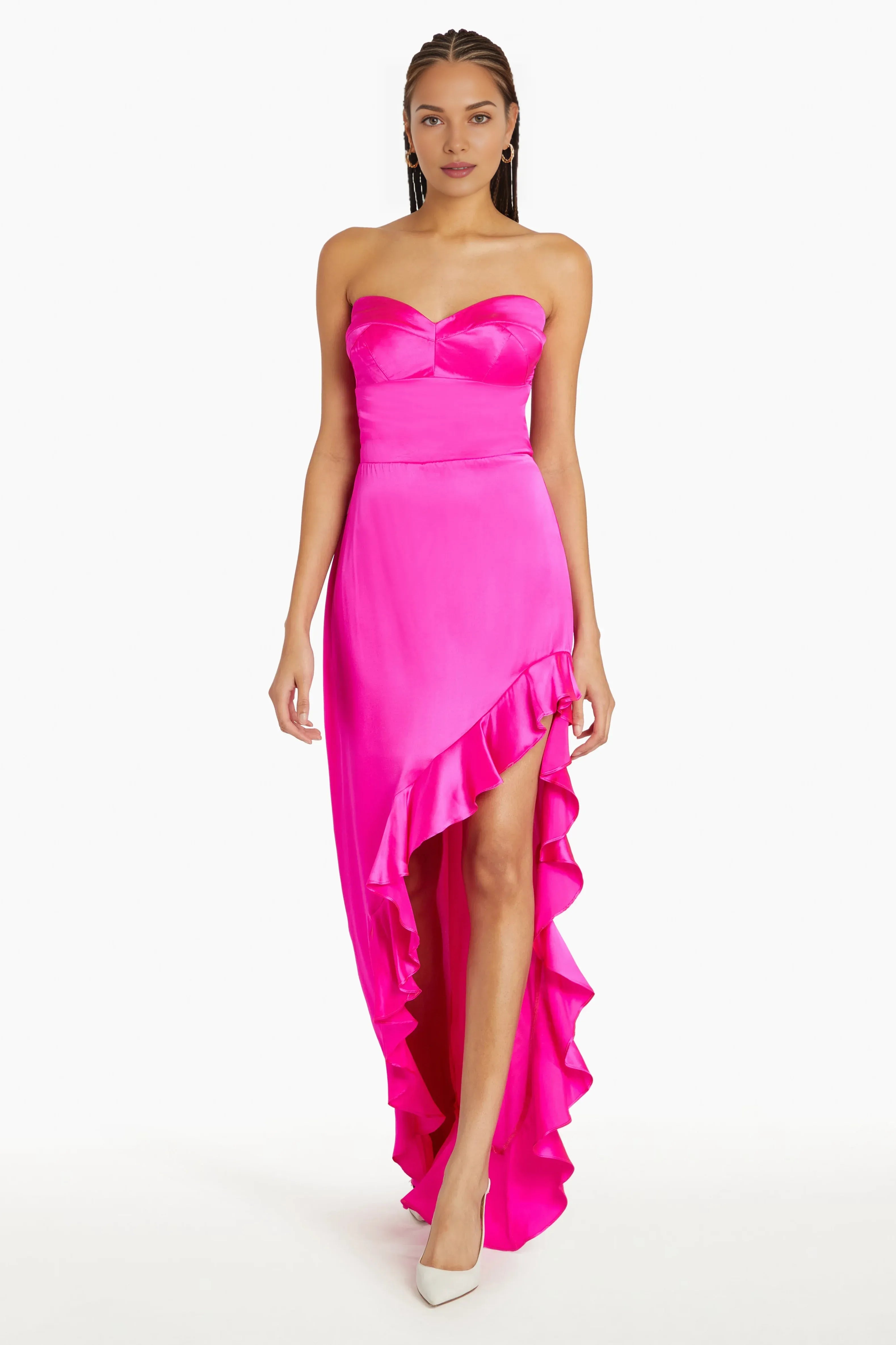Sexy Sheath Strapless Sweetheart Ruffle Slit Satin Floor Length Prom Dress