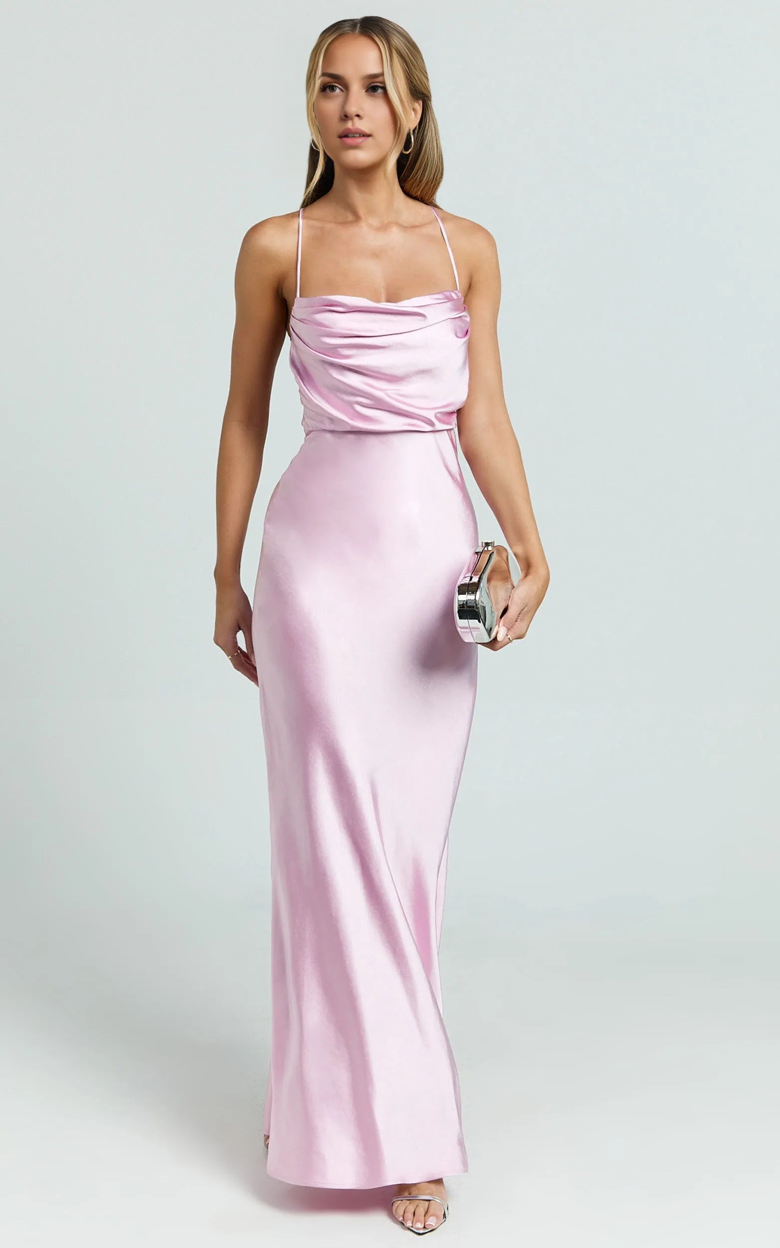 Weitese Dress Sexy Square Cowl Neck Maxi Dress Sleeveless Satin Low Back Dress Pink Lace Up Evening Dress