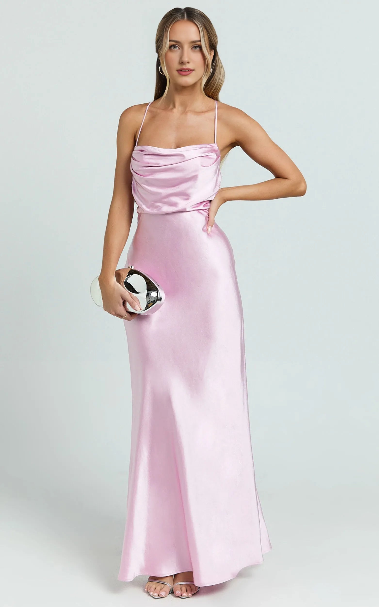 Weitese Dress Sexy Square Cowl Neck Maxi Dress Sleeveless Satin Low Back Dress Pink Lace Up Evening Dress