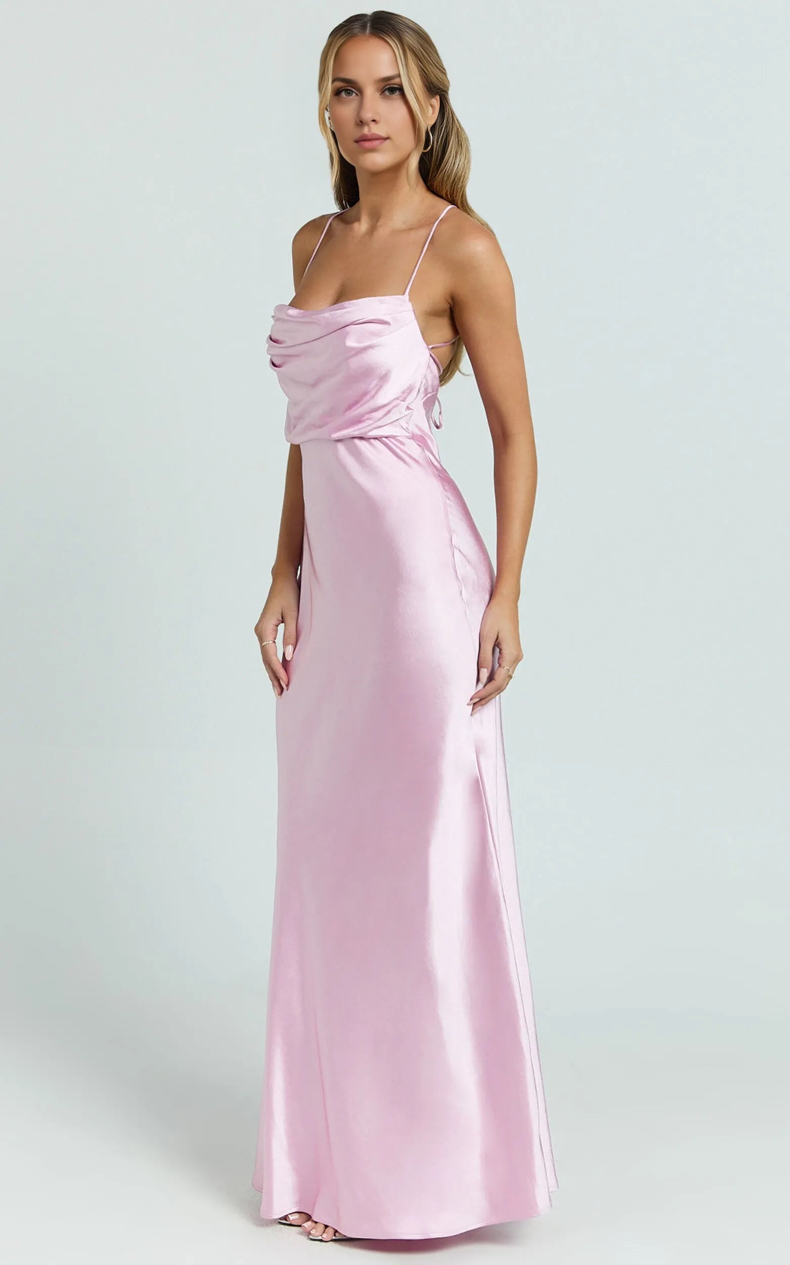 Weitese Dress Sexy Square Cowl Neck Maxi Dress Sleeveless Satin Low Back Dress Pink Lace Up Evening Dress