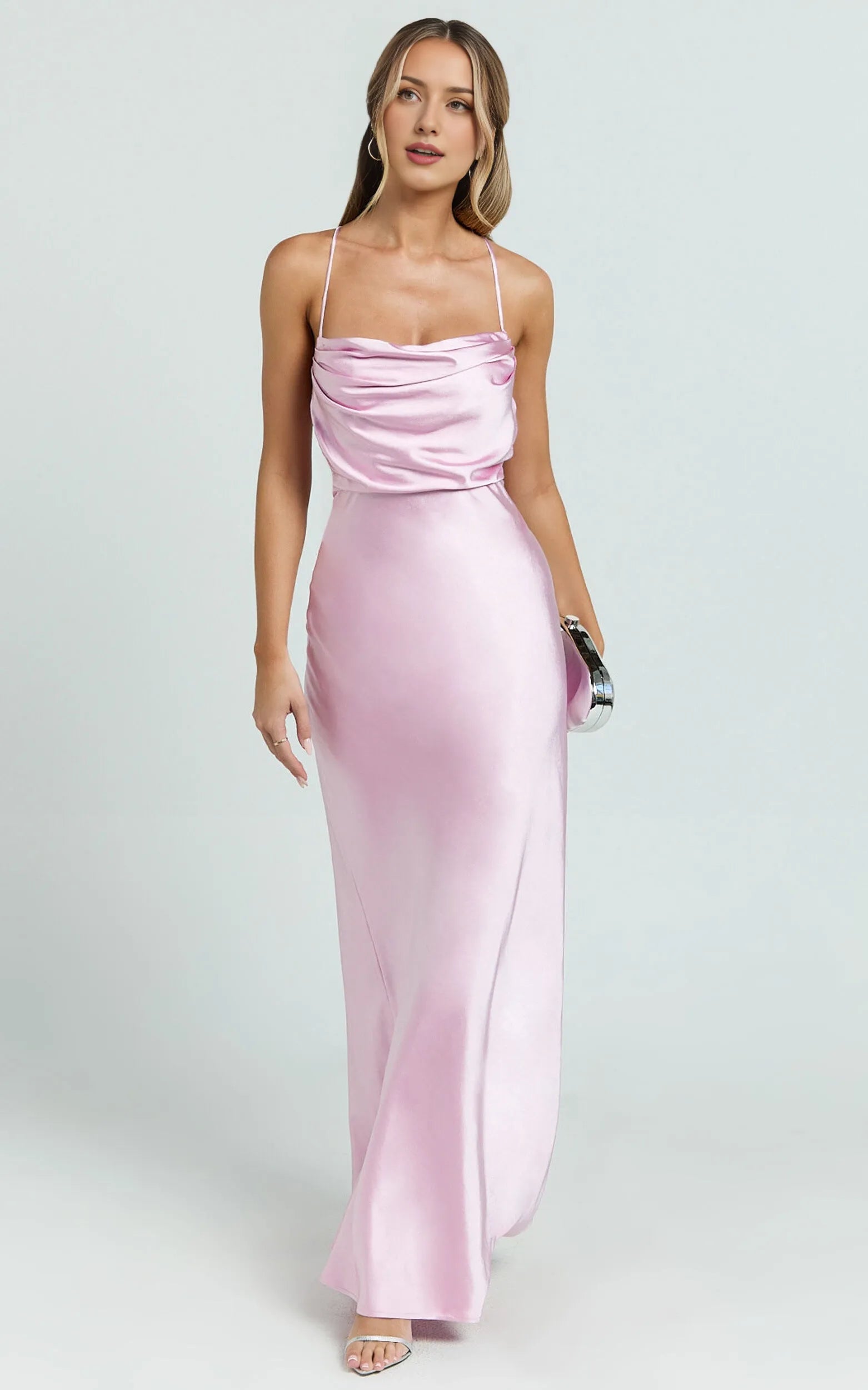 Weitese Dress Sexy Square Cowl Neck Maxi Dress Sleeveless Satin Low Back Dress Pink Lace Up Evening Dress