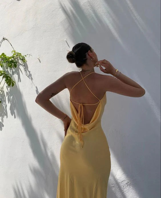 Vestido de fiesta amarillo con tirantes finos y encaje de sirena sexy, vestido de fiesta sin espalda 