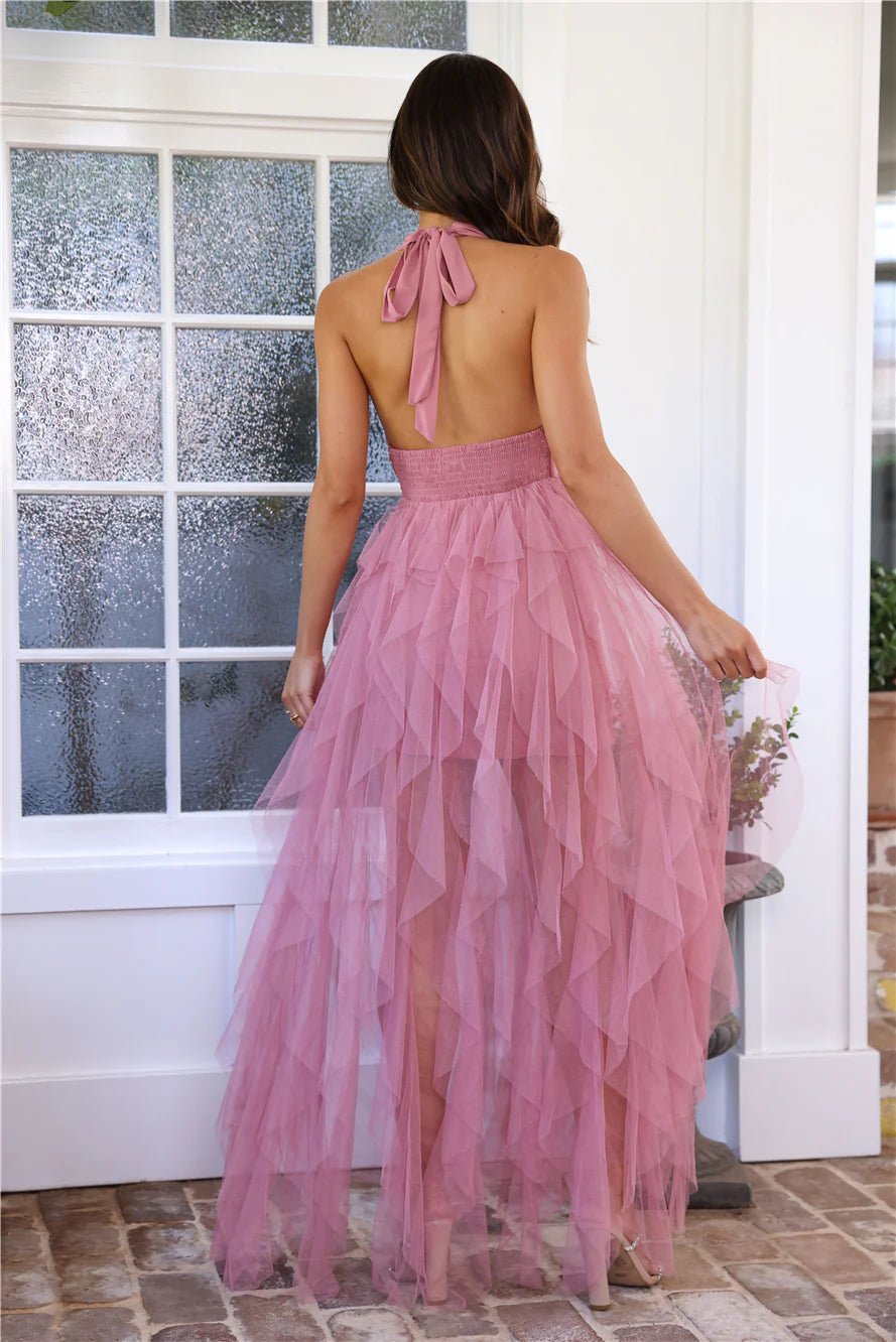 Sexy Off Shoulder Deep V Neck Ruffle A-line Sleeveless Backless Prom Party Dress