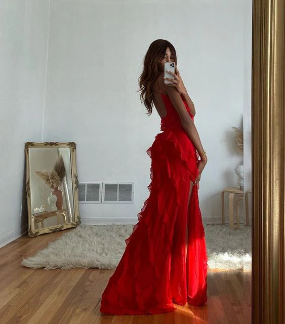 Sexy Sheath Backless Spaghetti Straps Red Long Chiffon Prom Dress