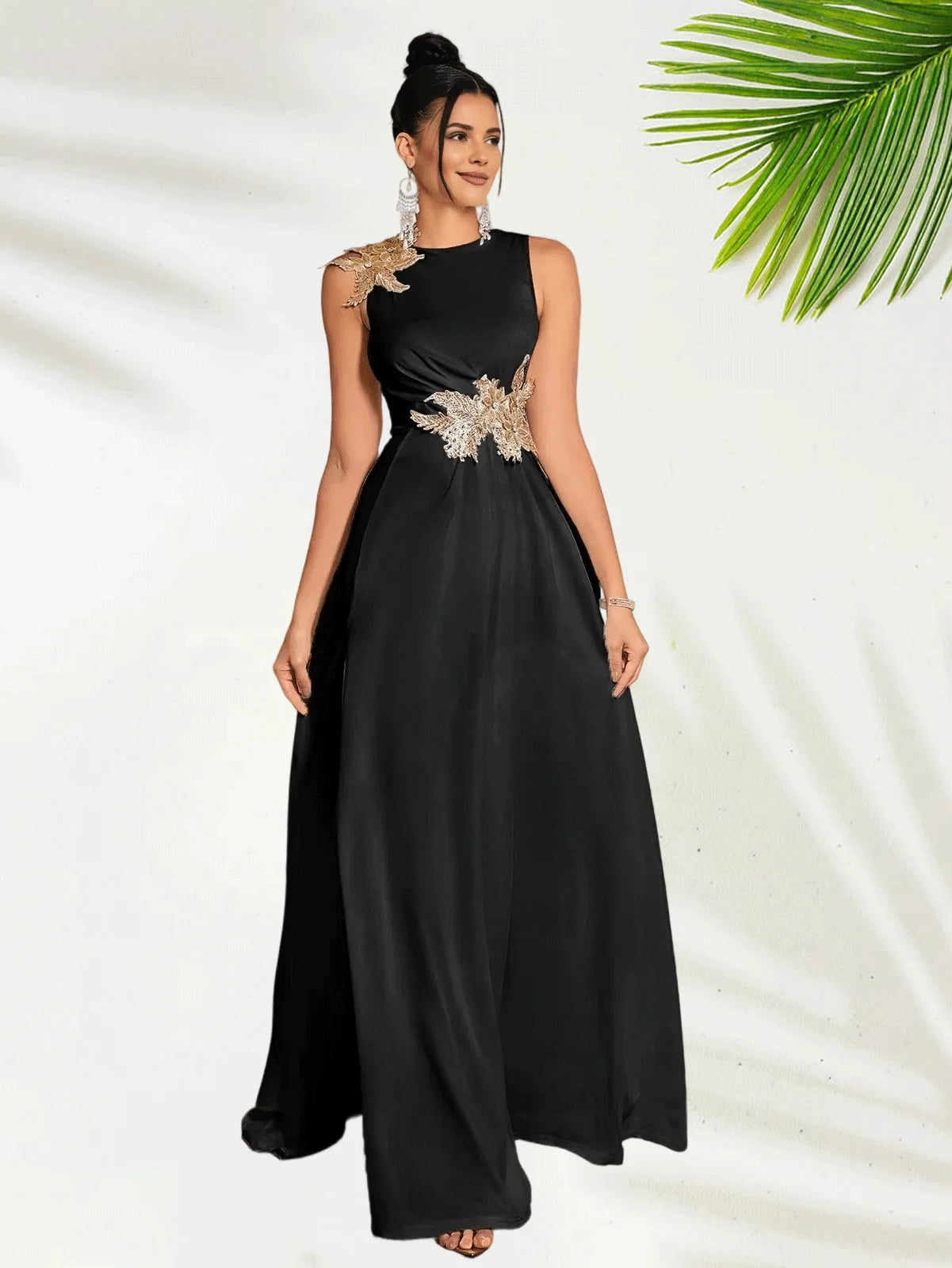 Sheath Jewel Neck Floor-Length Sleeveless Evening Gown Satin Elegant Beautiful Floor Length Prom Dresses With Floral Appliques