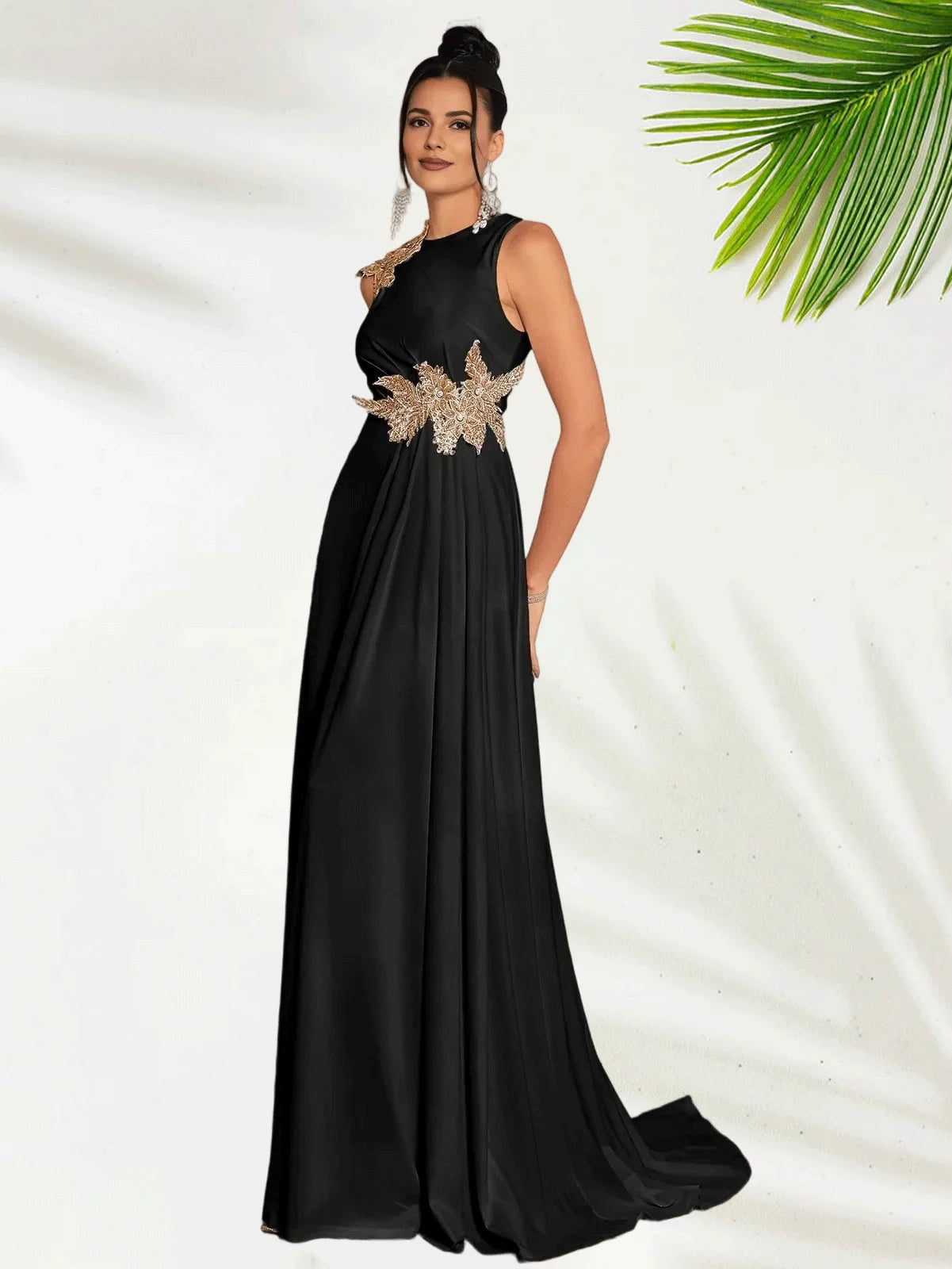 Sheath Jewel Neck Floor-Length Sleeveless Evening Gown Satin Elegant Beautiful Floor Length Prom Dresses With Floral Appliques