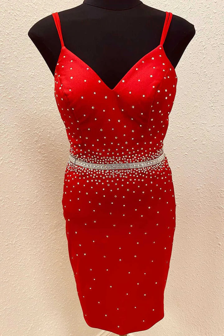 Sheath Beaded V-Neck Two Spaghetti Straps Mini Homecoming Dress