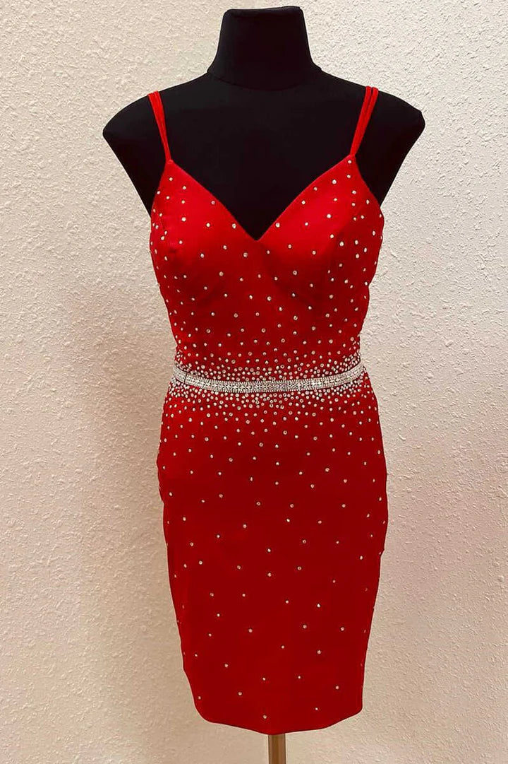 Sheath Beaded V-Neck Two Spaghetti Straps Mini Homecoming Dress