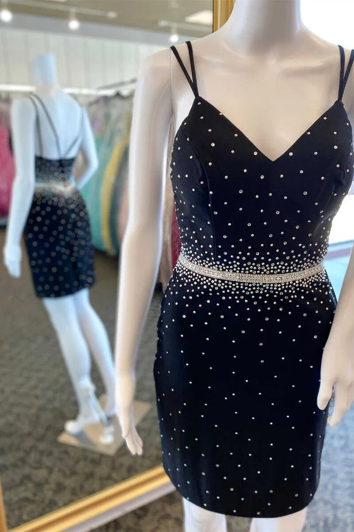 Sheath Beaded V-Neck Two Spaghetti Straps Mini Homecoming Dress