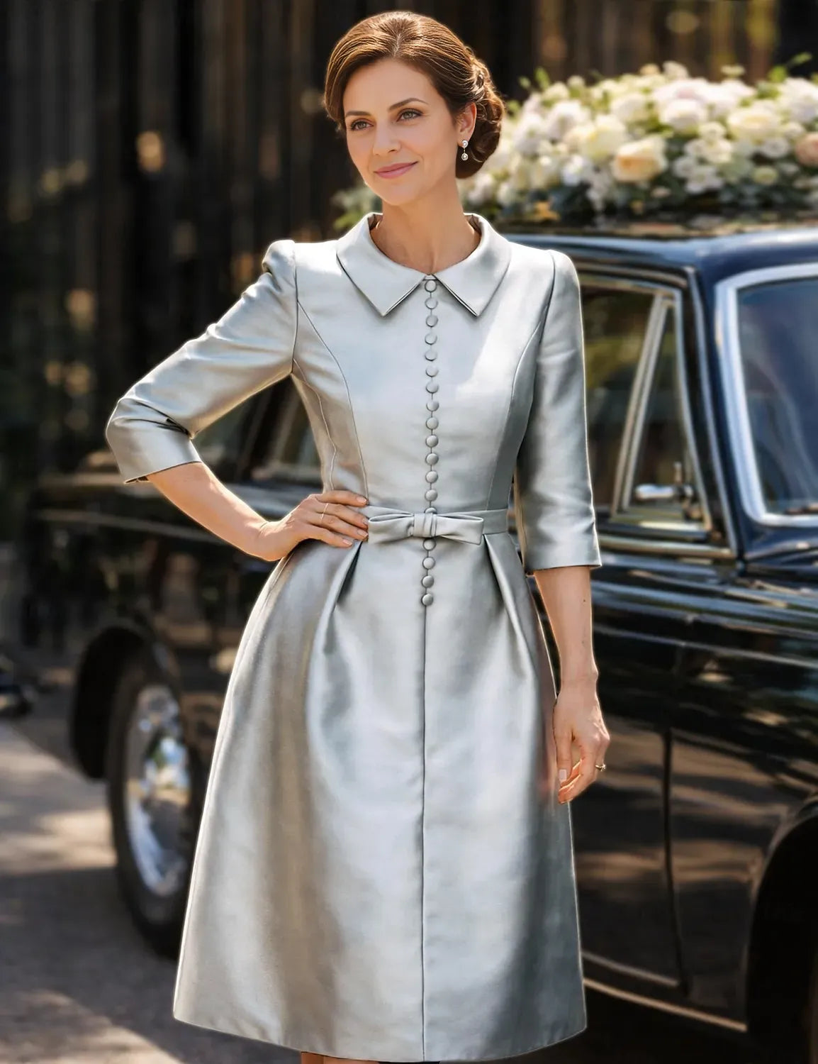 Elegant Sheath/Column 3/4 Length Sleeve Shirt Collar Satin Pleated Knee-Length Cocktail Dress