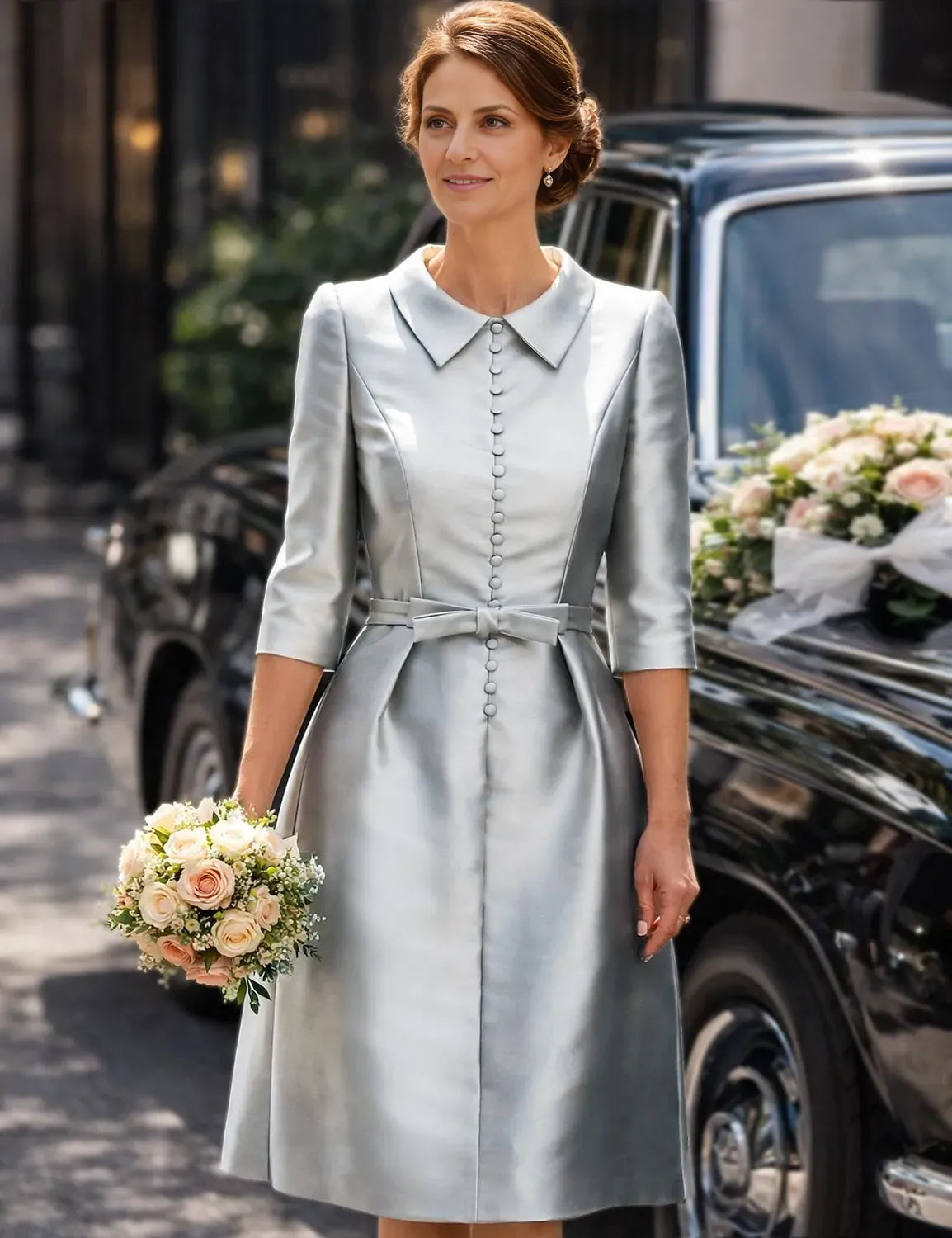 Elegant Sheath/Column 3/4 Length Sleeve Shirt Collar Satin Pleated Knee-Length Cocktail Dress