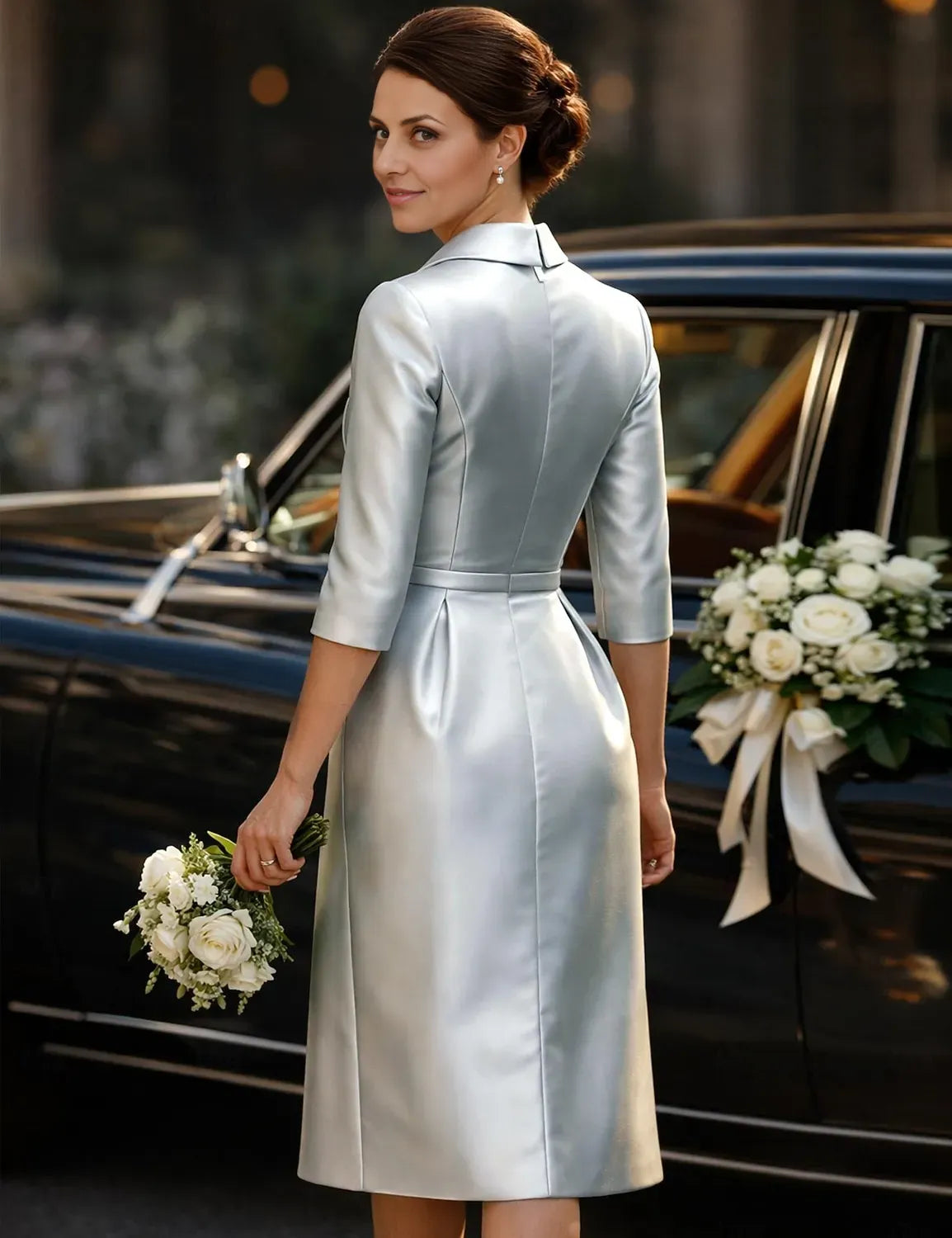 Elegant Sheath/Column 3/4 Length Sleeve Shirt Collar Satin Pleated Knee-Length Cocktail Dress